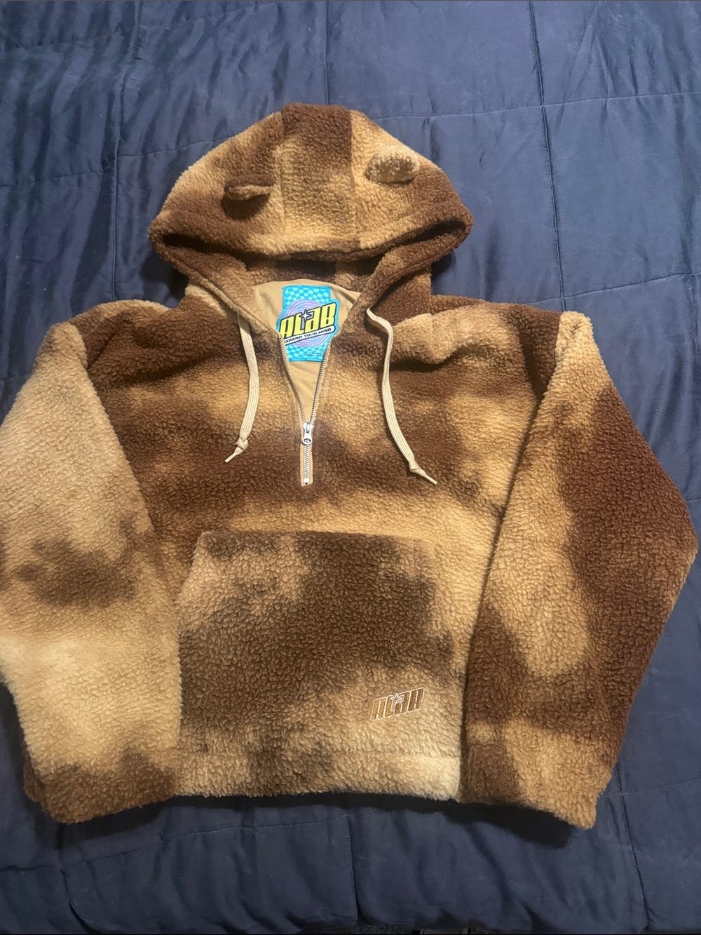 aLaB Y2K Bear Ear Fleece Hoodie Brown Tan Colorblock Size M